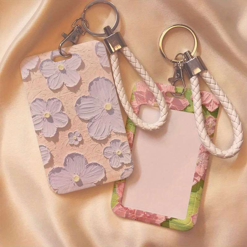 1pc Floral Oil Painting Design Card Holder with Lanyard Durable Plastic Protective Case for Stude