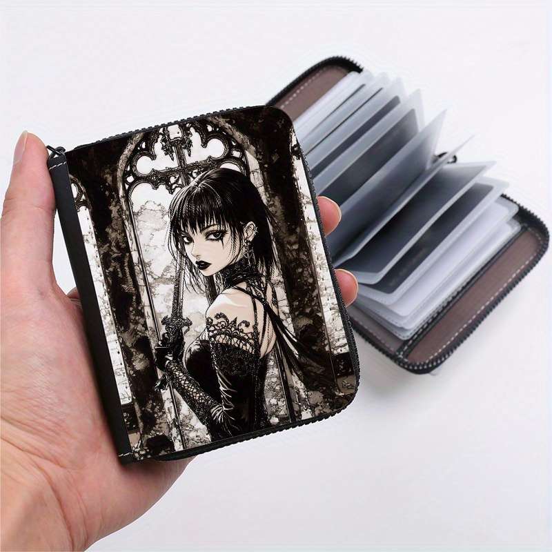 1pc Gothic Girl Zipper Wallet with 24 Card Slots Stylish Coin Purse ID Credit Card Holder for