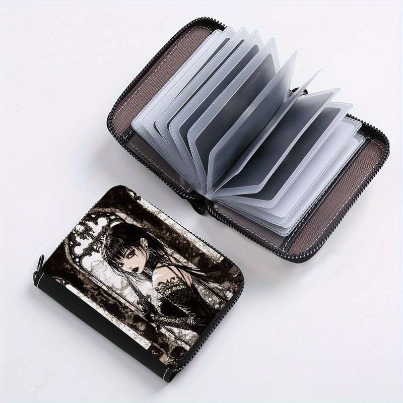 1pc Gothic Girl Zipper Wallet with 24 Card Slots Stylish Coin Purse ID Credit Card Holder for