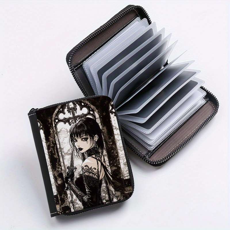 1pc Gothic Girl Zipper Wallet with 24 Card Slots Stylish Coin Purse ID Credit Card Holder for