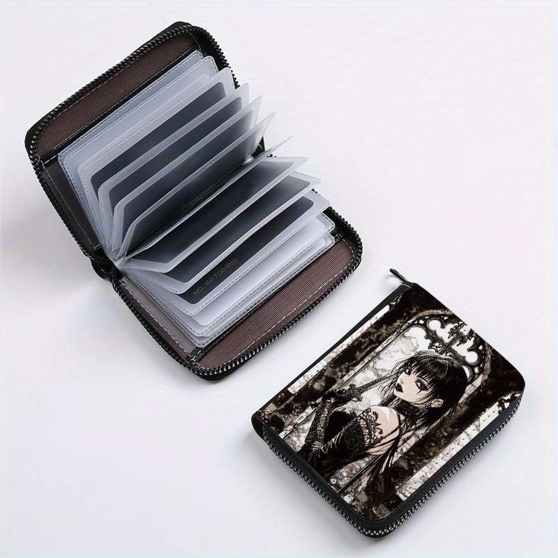 1pc Gothic Girl Zipper Wallet with 24 Card Slots Stylish Coin Purse ID Credit Card Holder for