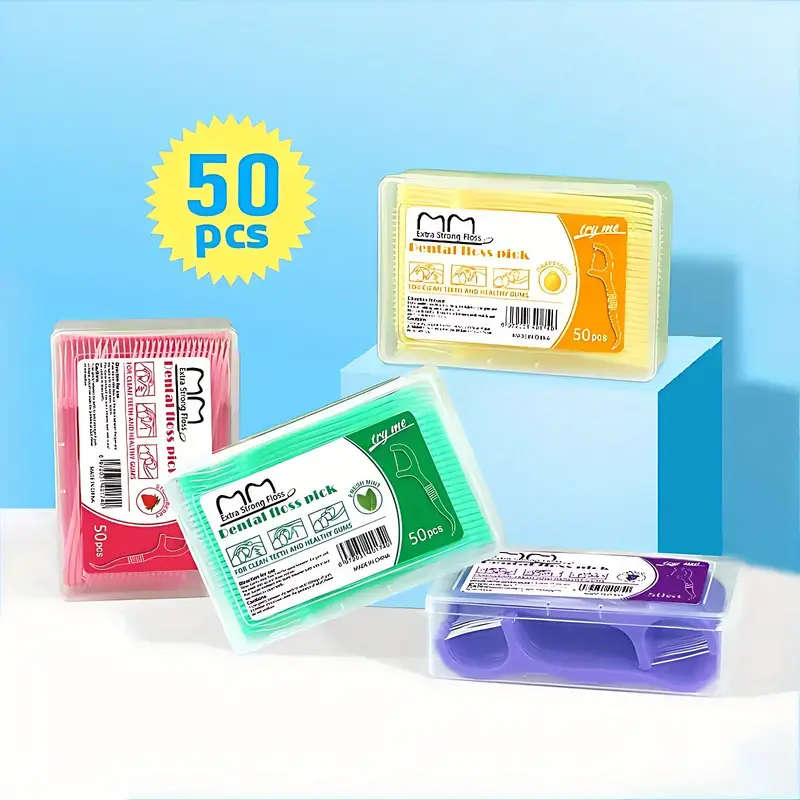50Pack Fruit Flavored Dental Floss Sticks with Toothpicks Individually Wrapped Portable Case Pepperm