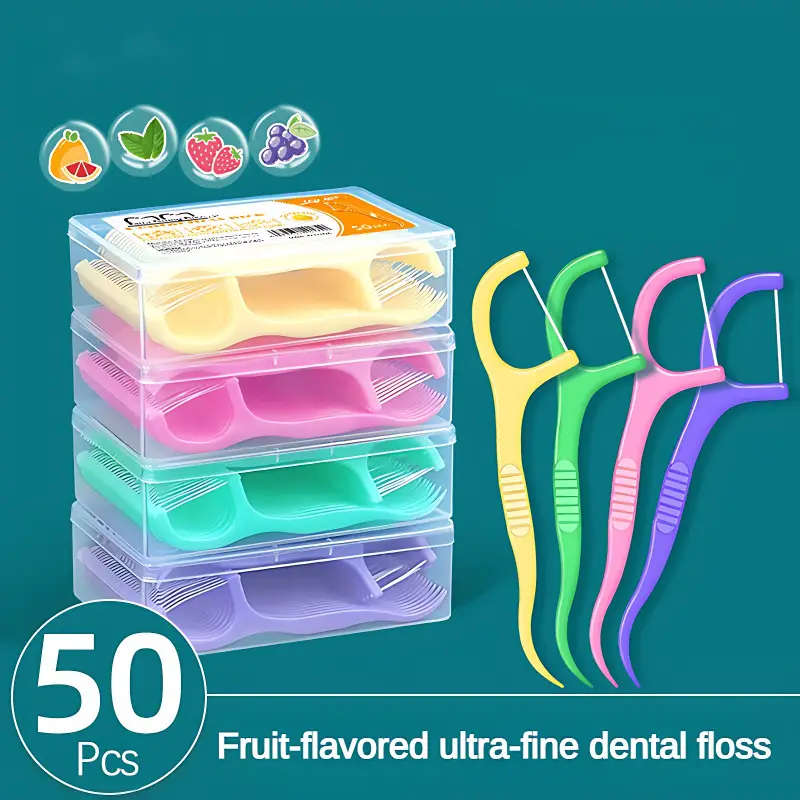 50Pack Fruit Flavored Dental Floss Sticks with Toothpicks Individually Wrapped Portable Case Pepperm