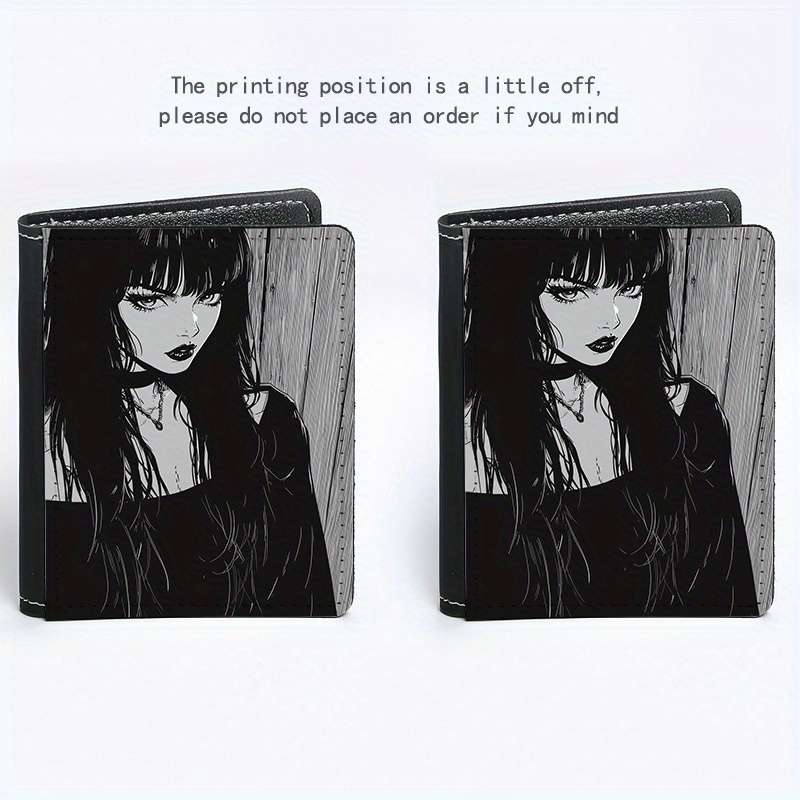 1pc Gothic Girl Anime Design Slim Wallet 8 Card Slots Ultra-Thin Lightweight Black White I