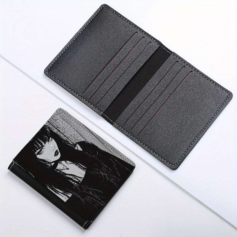 1pc Gothic Girl Anime Design Slim Wallet 8 Card Slots Ultra-Thin Lightweight Black White I