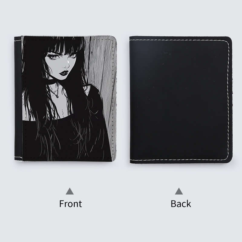 1pc Gothic Girl Anime Design Slim Wallet 8 Card Slots Ultra-Thin Lightweight Black White I