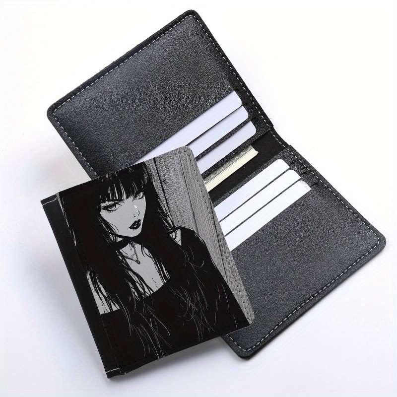 1pc Gothic Girl Anime Design Slim Wallet 8 Card Slots Ultra-Thin Lightweight Black White I