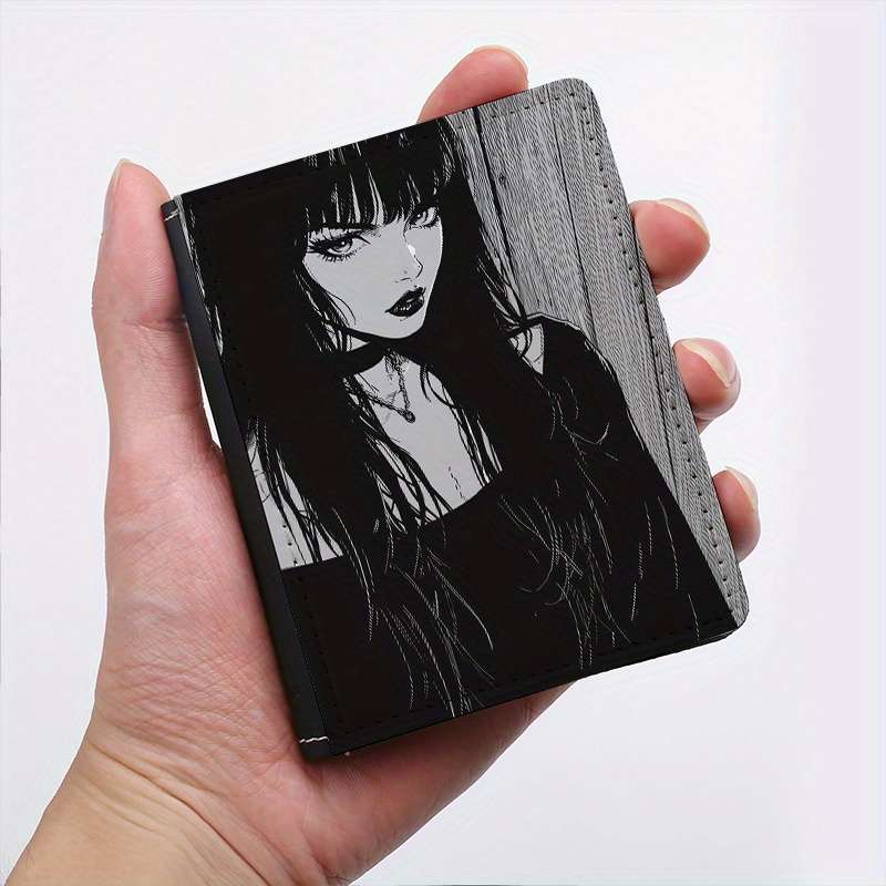1pc Gothic Girl Anime Design Slim Wallet 8 Card Slots Ultra-Thin Lightweight Black White I