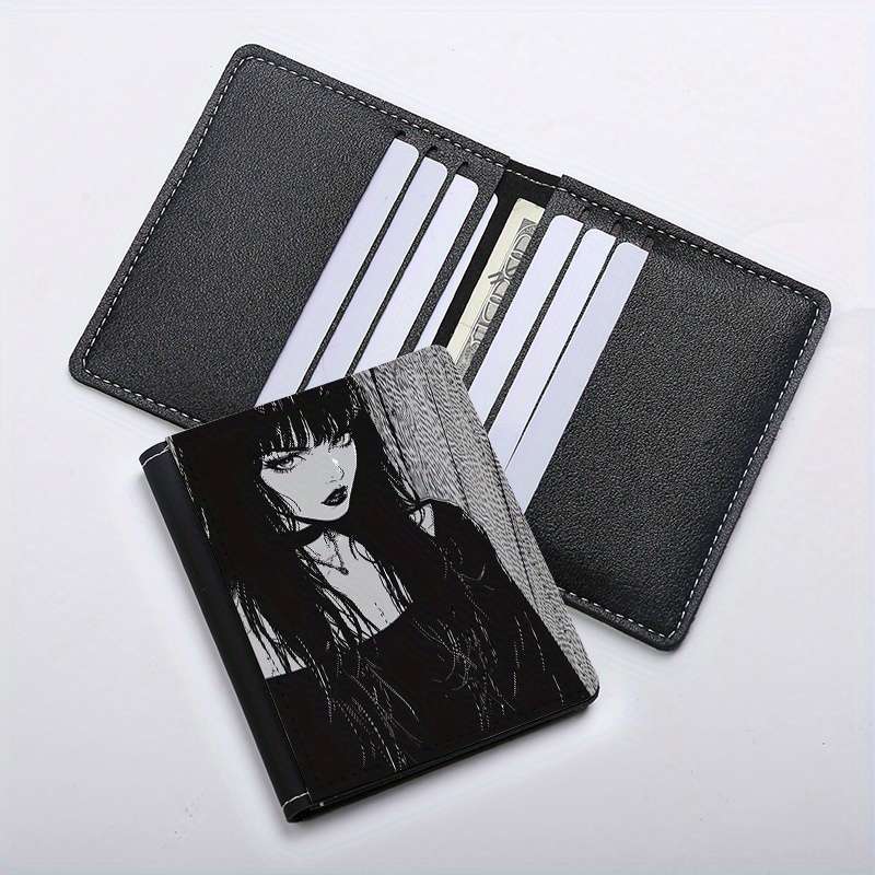 1pc Gothic Girl Anime Design Slim Wallet 8 Card Slots Ultra-Thin Lightweight Black White I