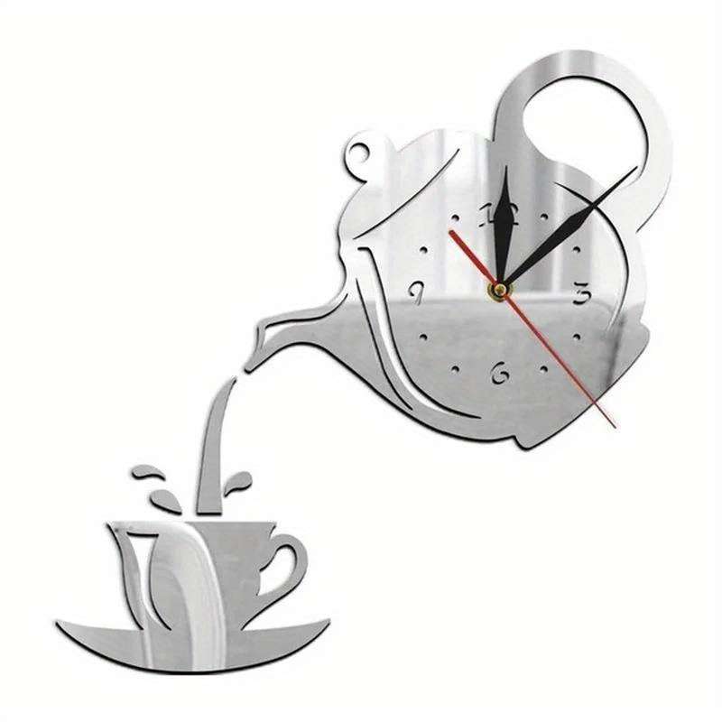 1pc 3D Acrylic Coffee Cup Teapot Wall Clock Large Display Irregular Shape Plastic Material Flat