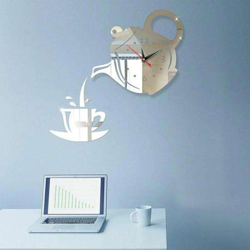 1pc 3D Acrylic Coffee Cup Teapot Wall Clock Large Display Irregular Shape Plastic Material Flat
