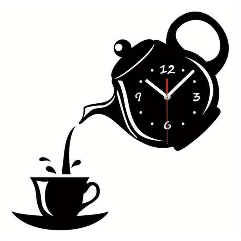 1pc 3D Acrylic Coffee Cup Teapot Wall Clock Large Display Irregular Shape Plastic Material Flat