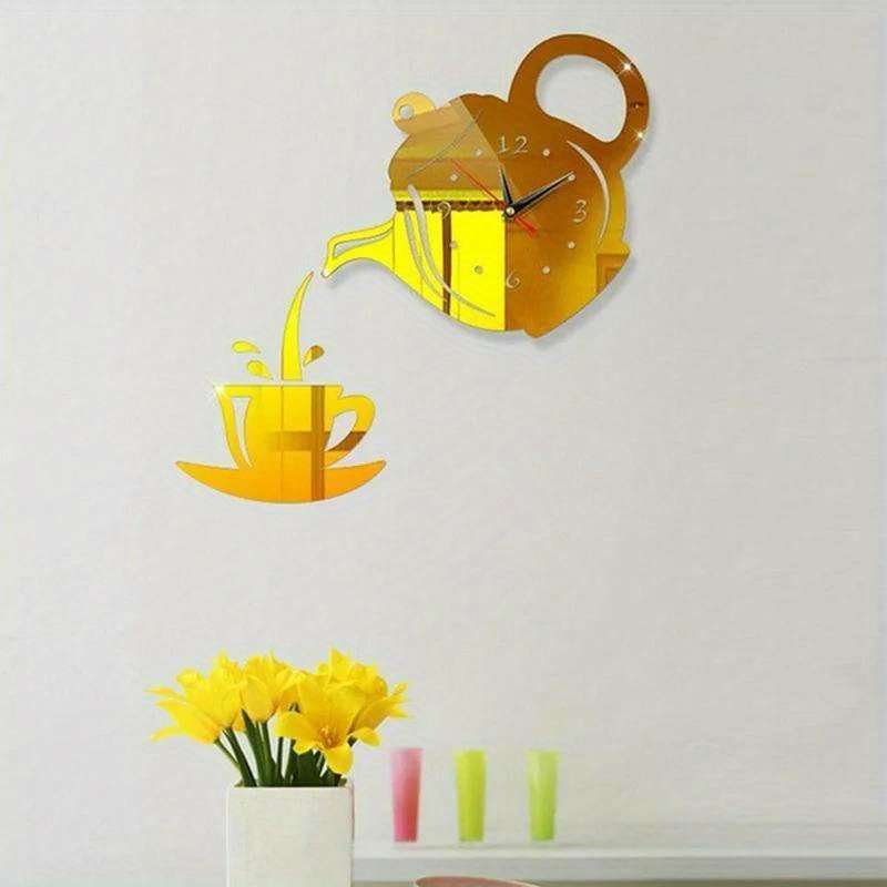 1pc 3D Acrylic Coffee Cup Teapot Wall Clock Large Display Irregular Shape Plastic Material Flat