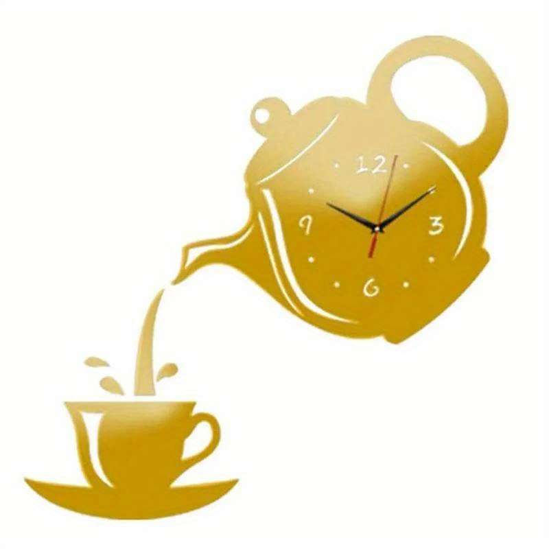 1pc 3D Acrylic Coffee Cup Teapot Wall Clock Large Display Irregular Shape Plastic Material Flat