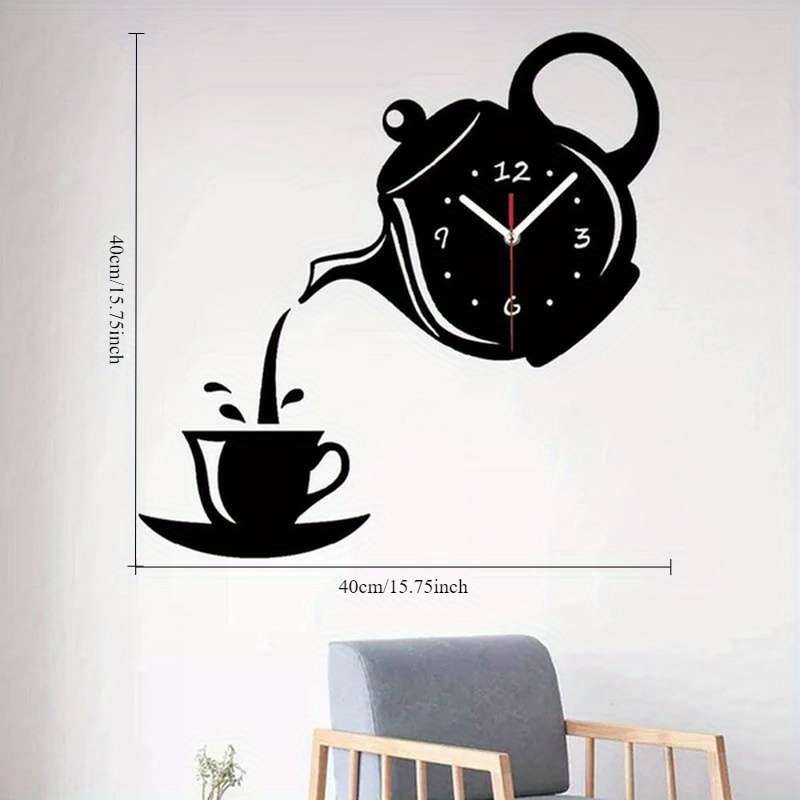 1pc 3D Acrylic Coffee Cup Teapot Wall Clock Large Display Irregular Shape Plastic Material Flat