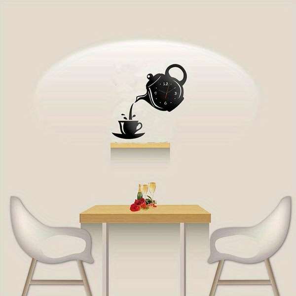 1pc 3D Acrylic Coffee Cup Teapot Wall Clock Large Display Irregular Shape Plastic Material Flat