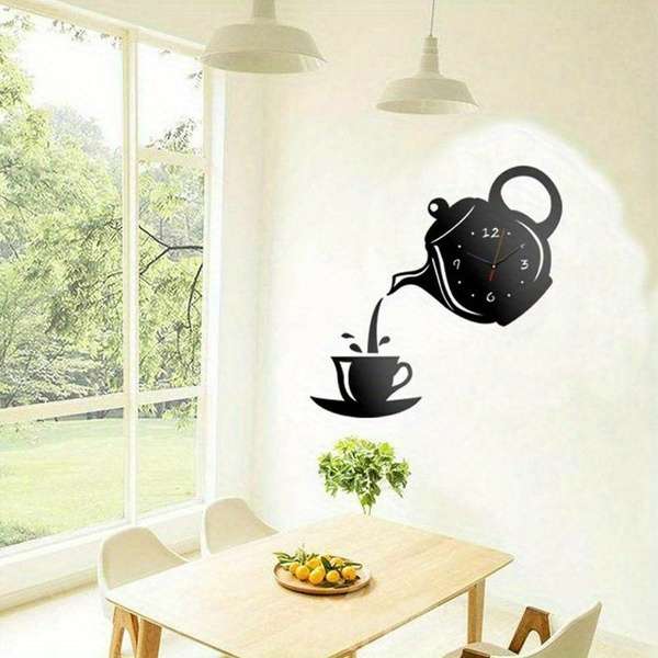 1pc 3D Acrylic Coffee Cup Teapot Wall Clock Large Display Irregular Shape Plastic Material Flat