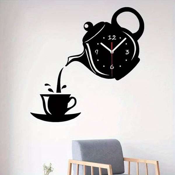 1pc 3D Acrylic Coffee Cup Teapot Wall Clock Large Display Irregular Shape Plastic Material Flat