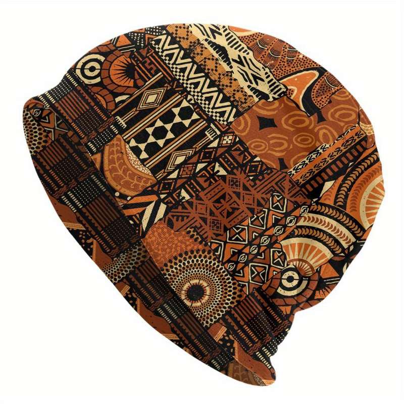 1pc Men's Funky Knit Beanie Hat with African Ethnic Pattern Windproof Stretchy Polyester Blend