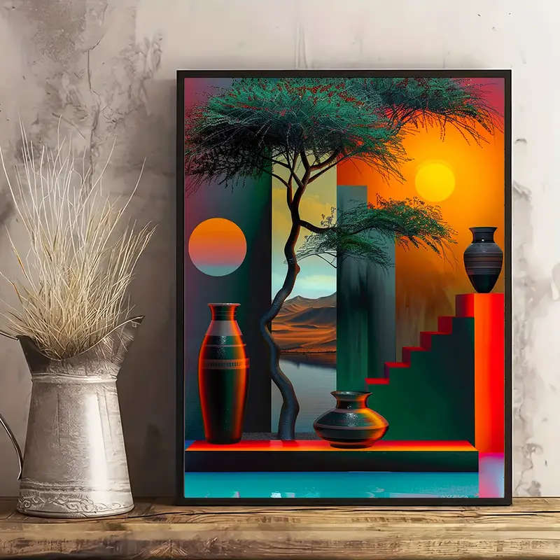 1pc Abstract African-Inspired Canvas Art 30.48x40.64cm Tree Vase Design with Color Gradient Frameles