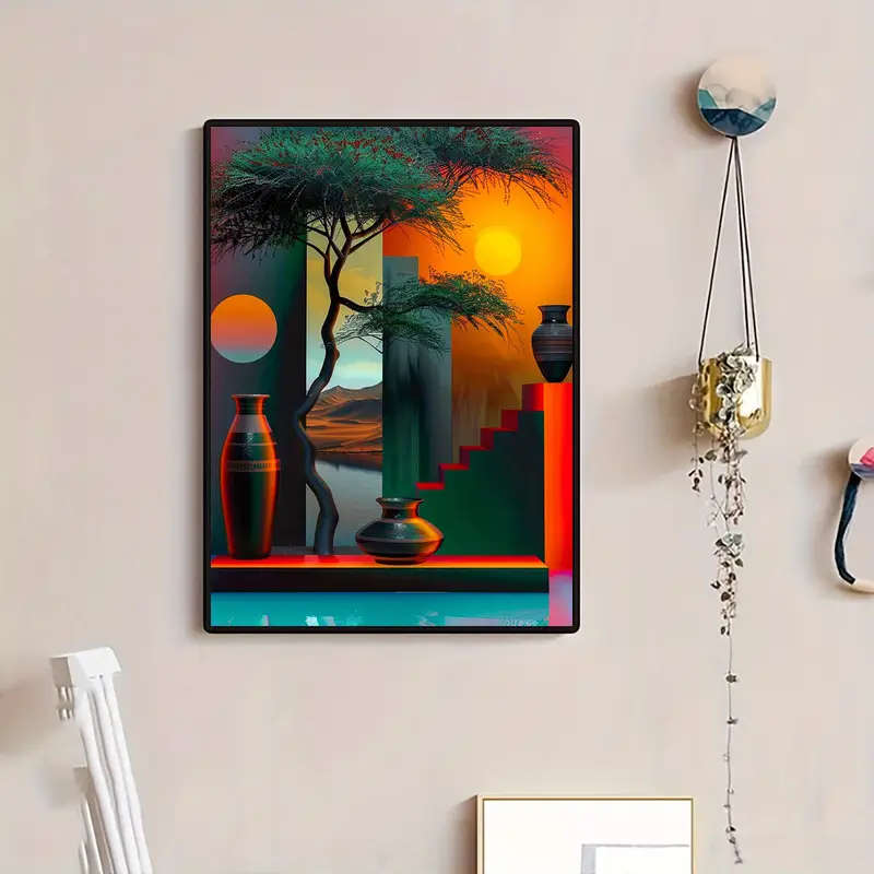 1pc Abstract African-Inspired Canvas Art 30.48x40.64cm Tree Vase Design with Color Gradient Frameles