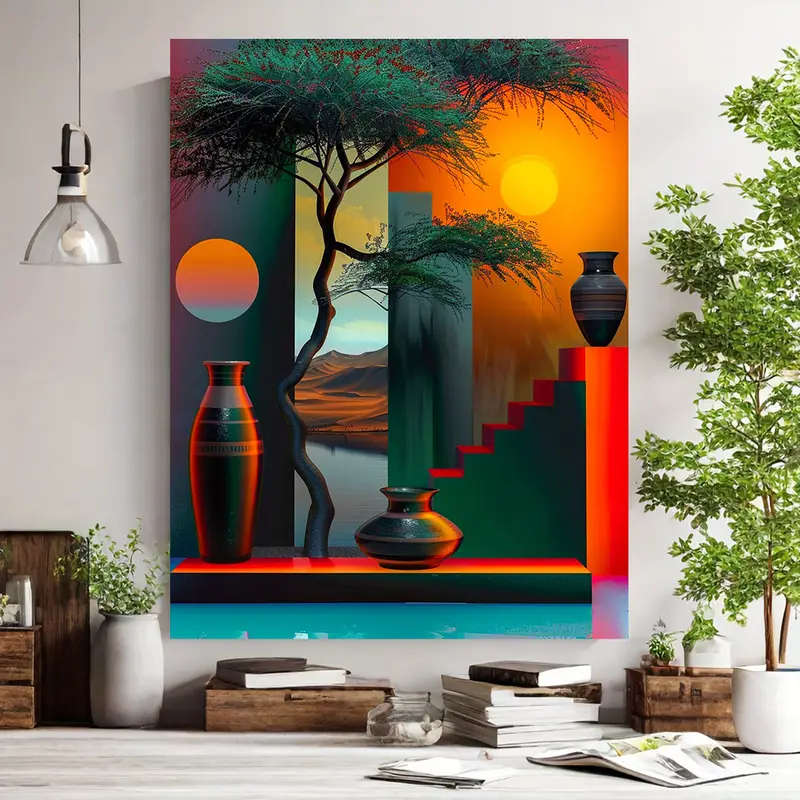 1pc Abstract African-Inspired Canvas Art 30.48x40.64cm Tree Vase Design with Color Gradient Frameles
