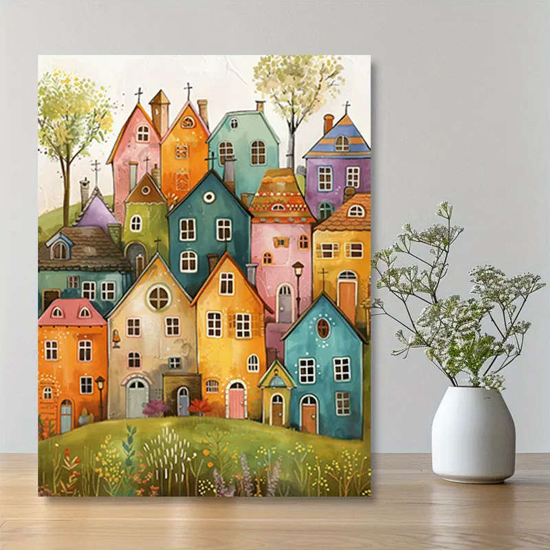 1pc Colorful Whimsical Houses Canvas Art Print Frameless Wall Painting for Living Room Bedroom Moder