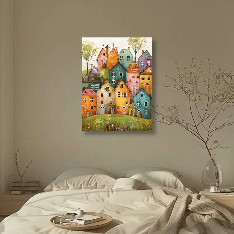 1pc Colorful Whimsical Houses Canvas Art Print Frameless Wall Painting for Living Room Bedroom Moder