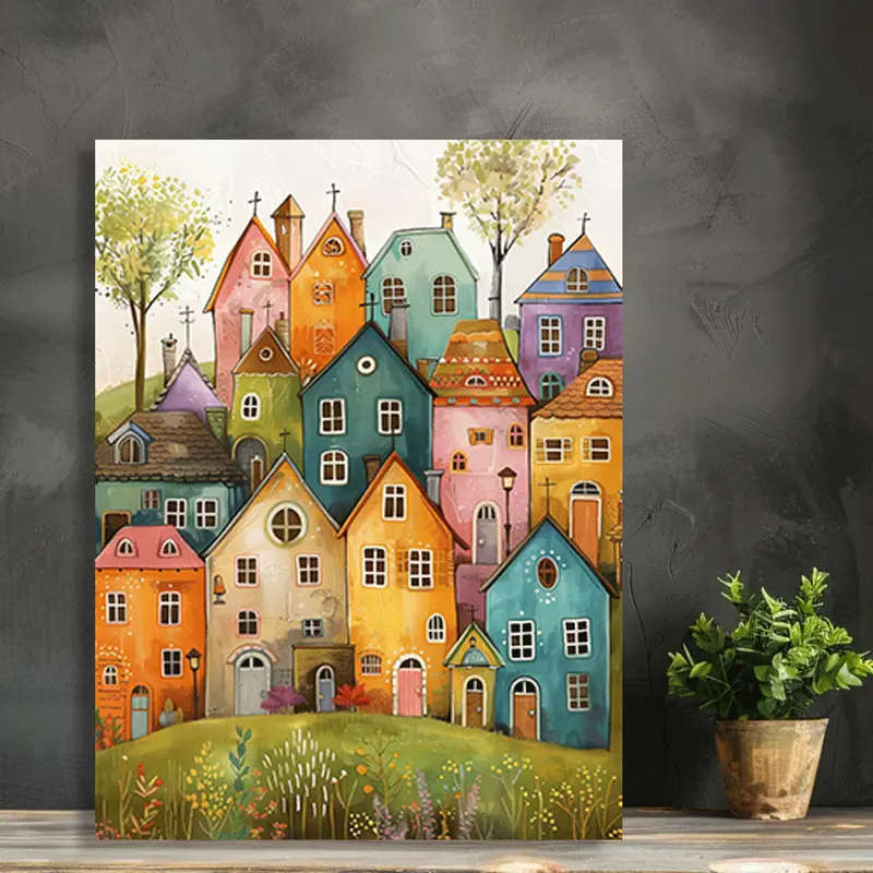 1pc Colorful Whimsical Houses Canvas Art Print Frameless Wall Painting for Living Room Bedroom Moder