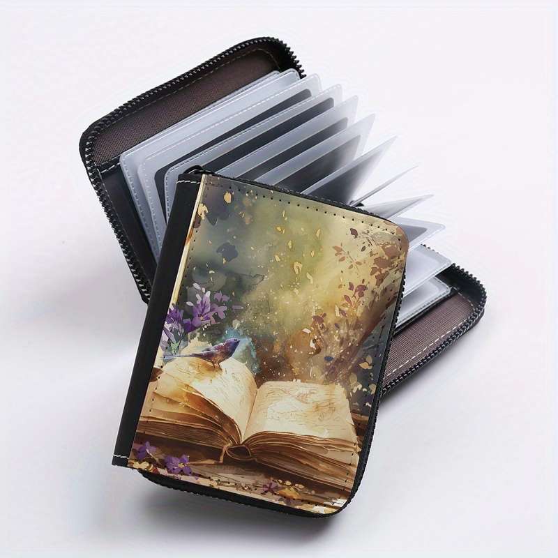 1pc Book-Themed Card Holder 24-Slot Zippered Coin Purse Unique Print Design Unisex ID Wallet