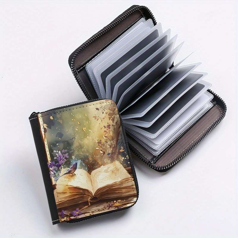 1pc Book-Themed Card Holder 24-Slot Zippered Coin Purse Unique Print Design Unisex ID Wallet