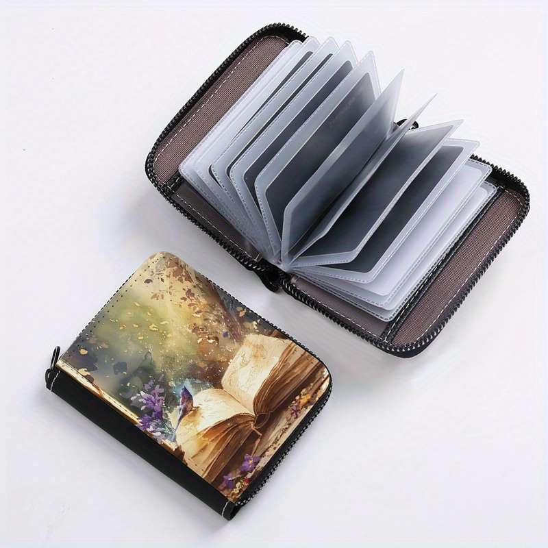 1pc Book-Themed Card Holder 24-Slot Zippered Coin Purse Unique Print Design Unisex ID Wallet