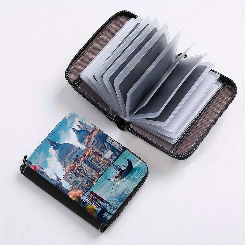 1pc Venice Print Wallet 24-Slot Zippered Coin Purse Multi-Card Holder ID Credit Card Organ