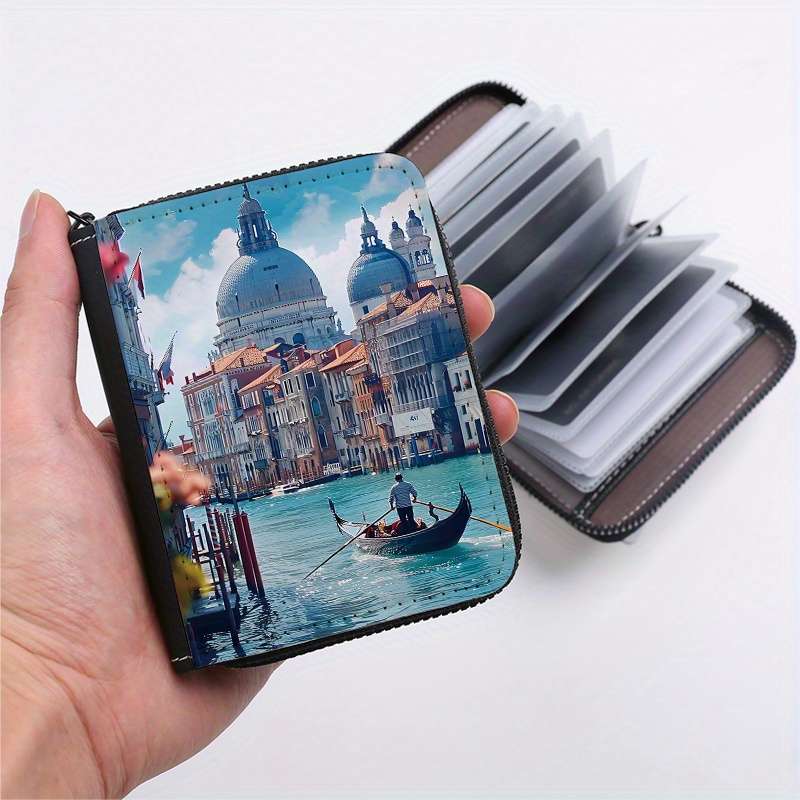 1pc Venice Print Wallet 24-Slot Zippered Coin Purse Multi-Card Holder ID Credit Card Organ