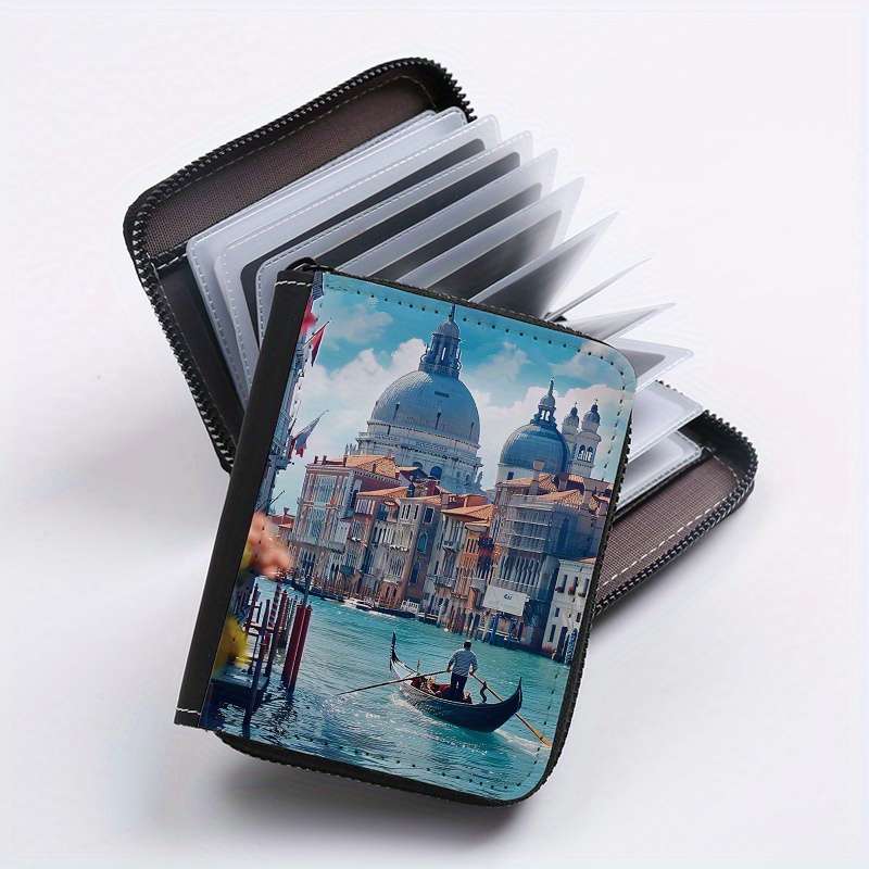 1pc Venice Print Wallet 24-Slot Zippered Coin Purse Multi-Card Holder ID Credit Card Organ