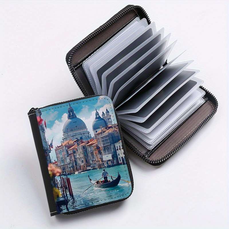 1pc Venice Print Wallet 24-Slot Zippered Coin Purse Multi-Card Holder ID Credit Card Organ
