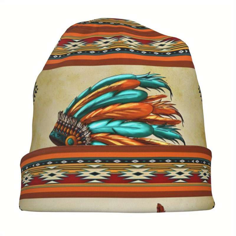 1pc Boho Style Knit Beanie Hat with Native American Feather Headdress Print Biihudu Polyester Blen