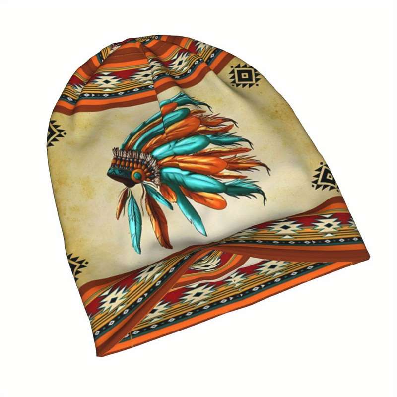 1pc Boho Style Knit Beanie Hat with Native American Feather Headdress Print Biihudu Polyester Blen