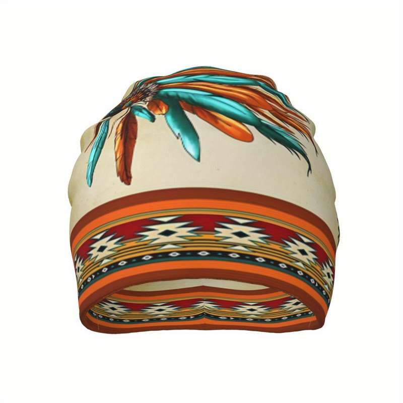 1pc Boho Style Knit Beanie Hat with Native American Feather Headdress Print Biihudu Polyester Blen