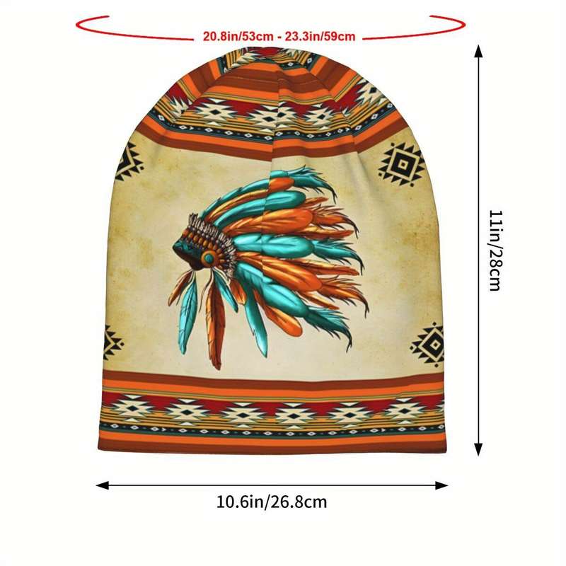 1pc Boho Style Knit Beanie Hat with Native American Feather Headdress Print Biihudu Polyester Blen