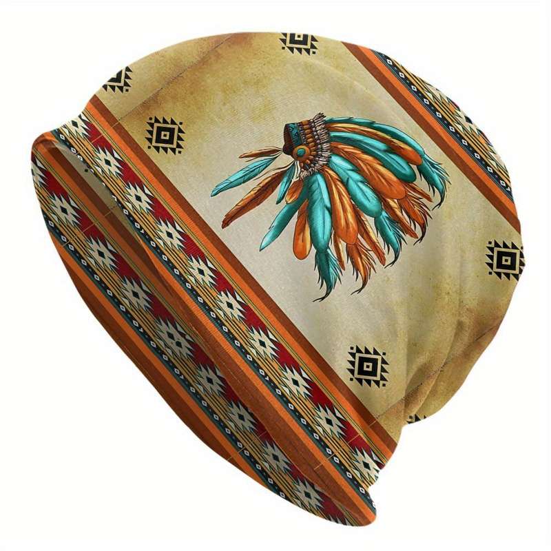 1pc Boho Style Knit Beanie Hat with Native American Feather Headdress Print Biihudu Polyester Blen