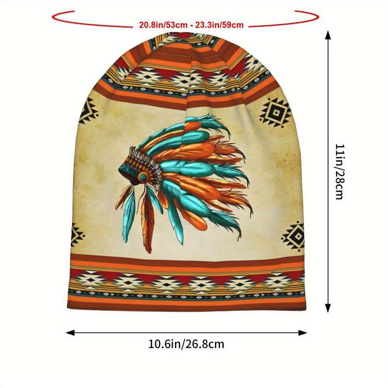 1pc Boho Style Knit Beanie Hat with Native American Feather Headdress Print Biihudu Polyester Blen