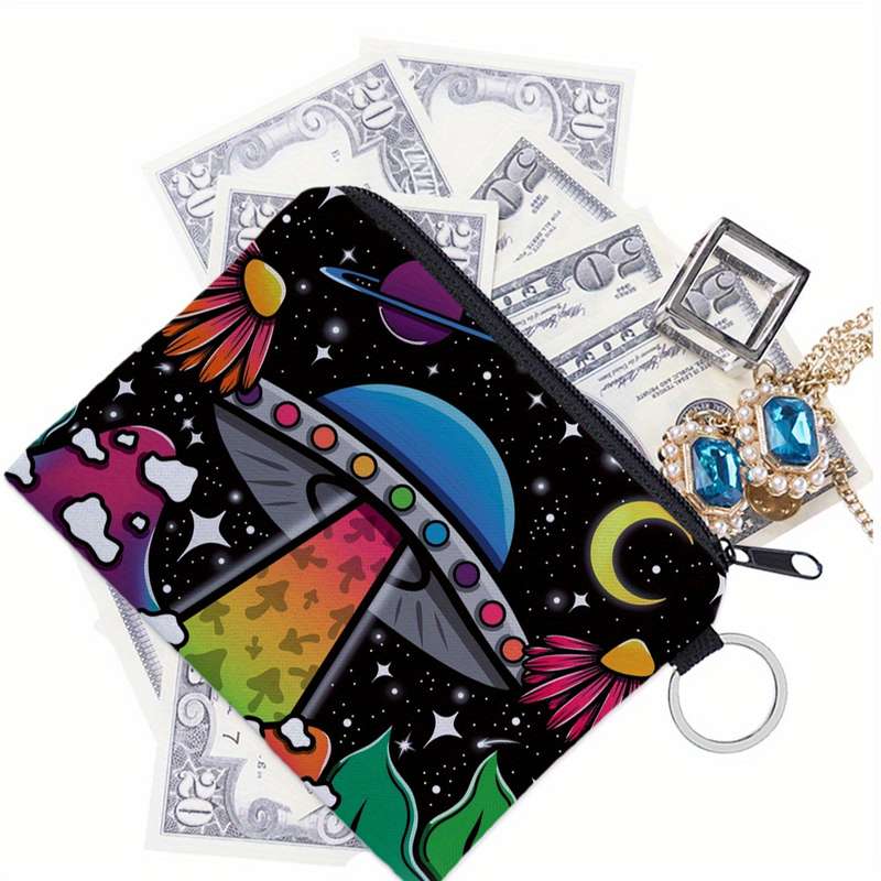 1pc 3D High-Definition Printed Mushroom Alien Spaceship Pattern Polyester Portable Coin Purse Digi