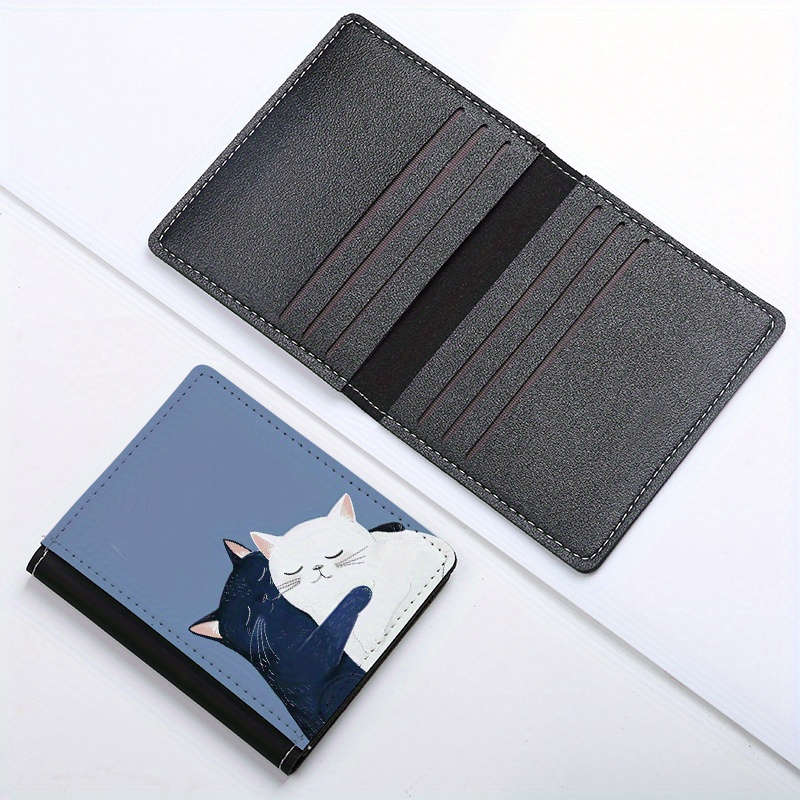 1pc Creative Cat Print Slim Wallet Mens Ultra-Thin Card Holder with 8 Slots Black White C