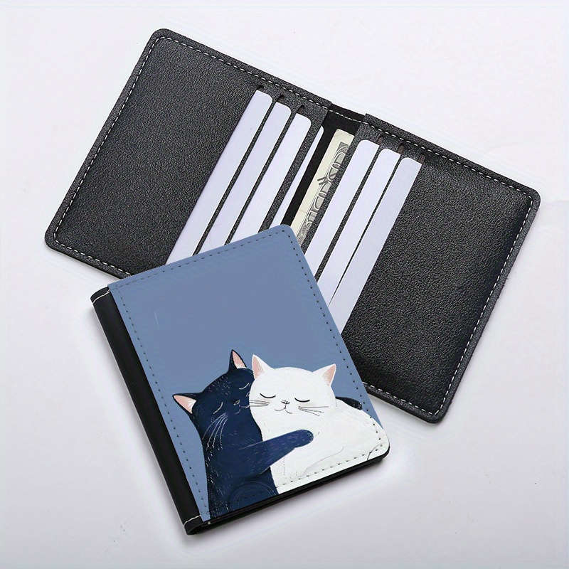 1pc Creative Cat Print Slim Wallet Mens Ultra-Thin Card Holder with 8 Slots Black White C