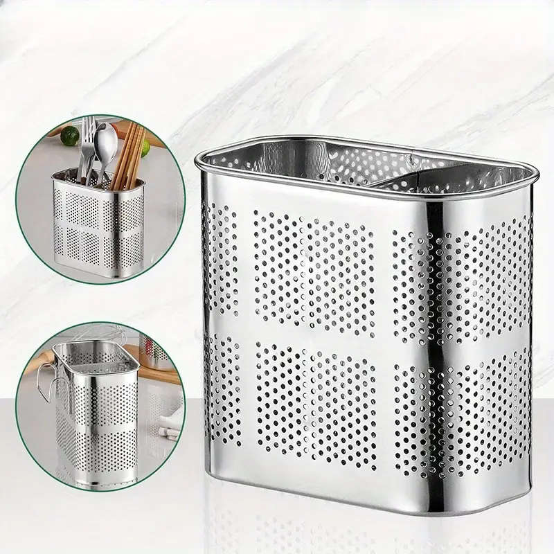 1pc Stainless Steel Chopstick Holder with Drain Rack Dual-Compartment Multi-Functional Storage Organ