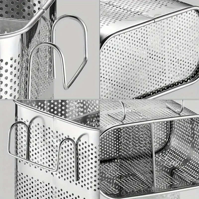 1pc Stainless Steel Chopstick Holder with Drain Rack Dual-Compartment Multi-Functional Storage Organ