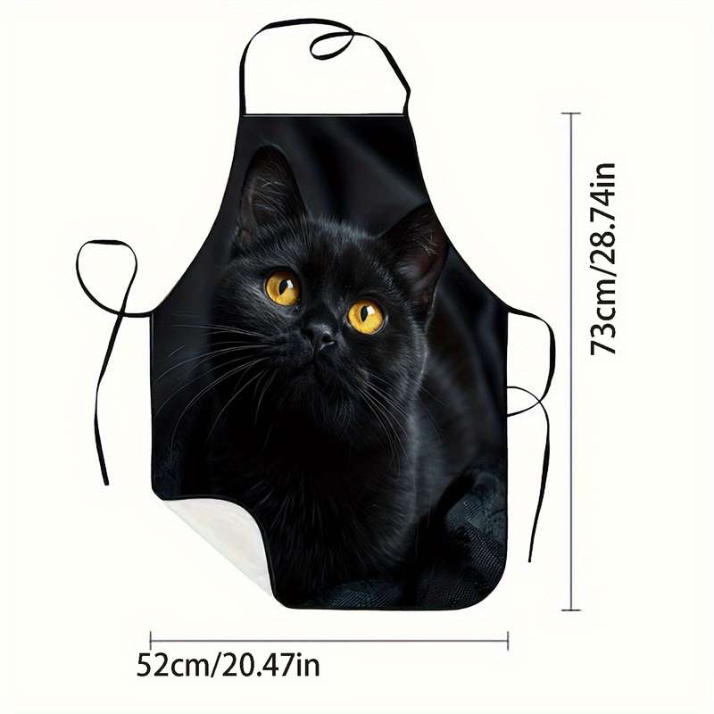 1pc Adorable Black Cat Print Sleeveless Polyester Apron with Striped Detail Perfect for Home