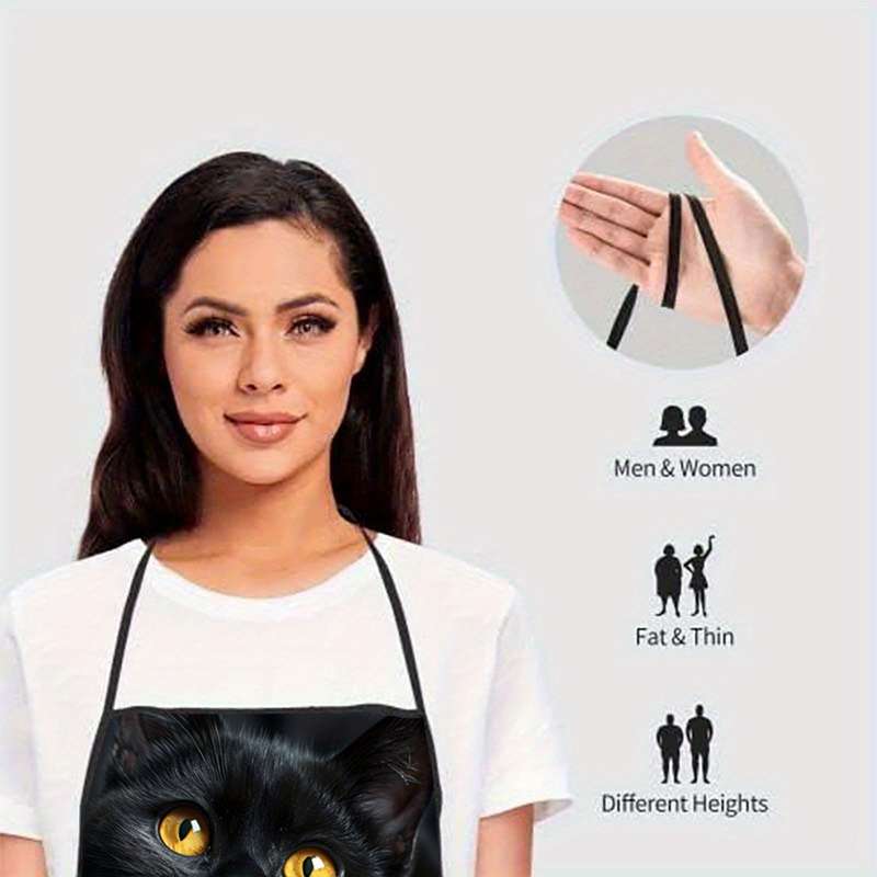1pc Adorable Black Cat Print Sleeveless Polyester Apron with Striped Detail Perfect for Home