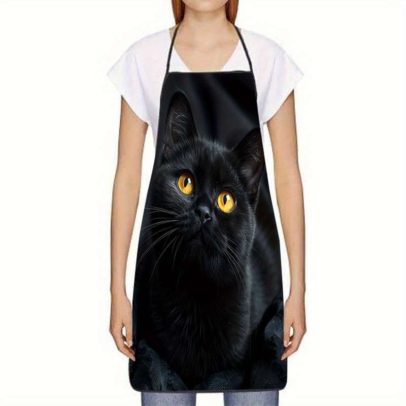 1pc Adorable Black Cat Print Sleeveless Polyester Apron with Striped Detail Perfect for Home
